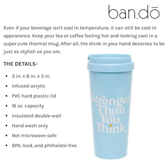Ban.do Hot Stuff Thermal Mug 16 oz Blue "Stronger Than You Think" - Picture 3 of 3